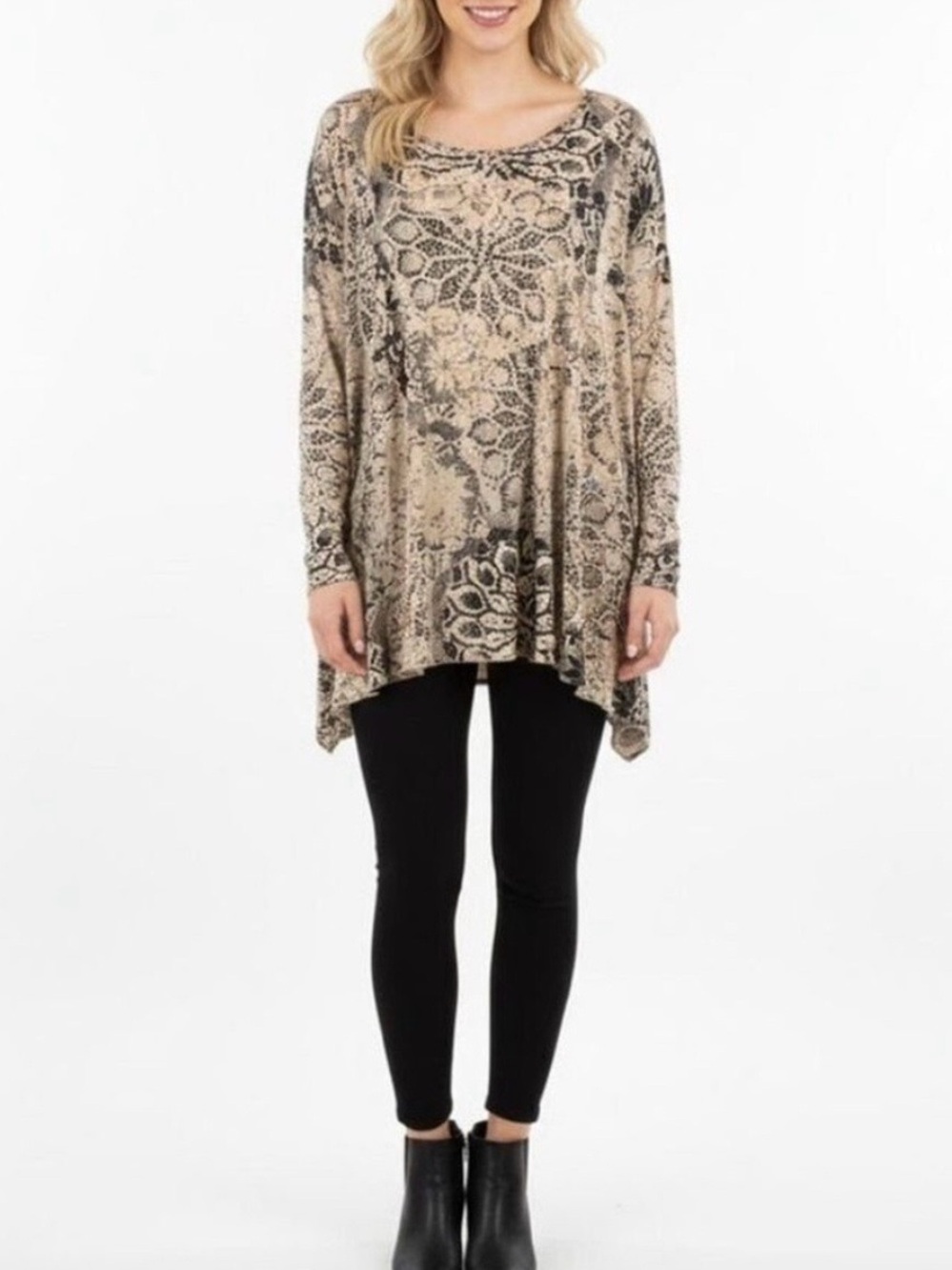 Peruvian Connection Asymmetrical Medallion Tunic Top XS/S Black Tan